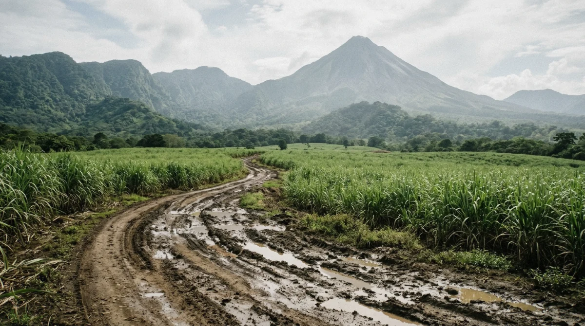 Muddy ATV track winding through sugarcane fields on the private ATV and hot springs combo near La Fortuna, Costa Rica
