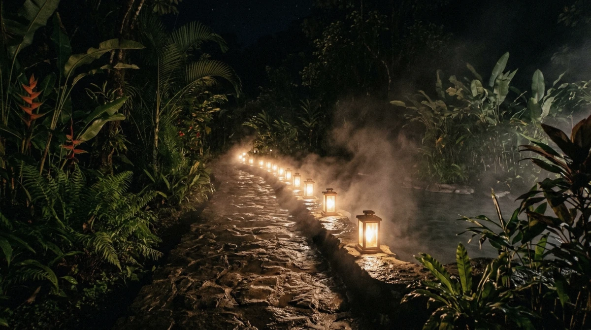 Row of small lanterns along a wet stone path between thermal pools at night in La Fortuna