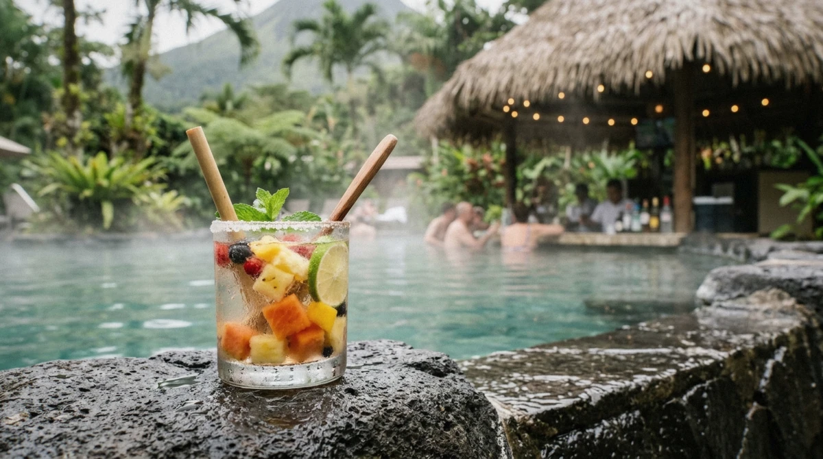 Fruit cocktail on the stone rim of a steaming pool with a swim-up bar behind in La Fortuna