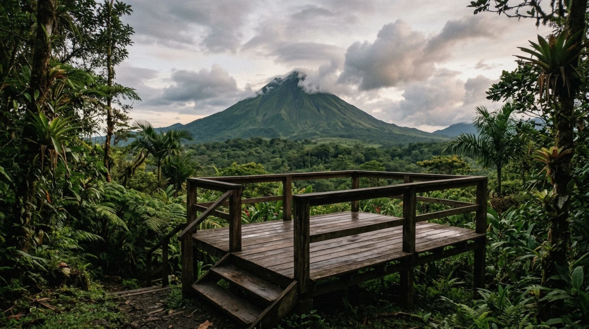Wooden lookout platform facing a green volcano cone in evening light on the El Silencio trail hike in La Fortuna