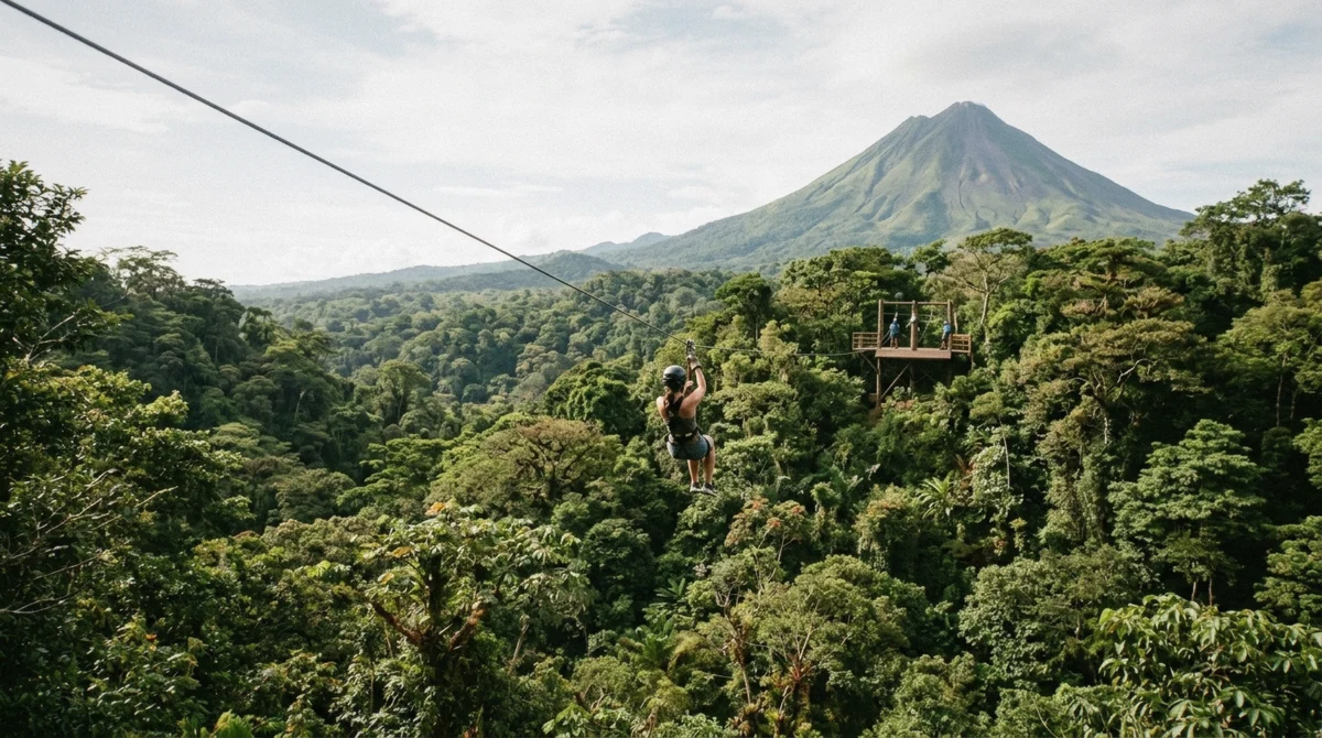 Rider in helmet and harness along a zip line cable over rainforest canopy on the San Jose to Arenal day trip