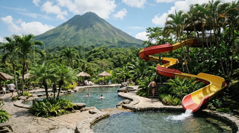 Family resort thermal pool with a water slide and tropical trees at Los Lagos hot springs in La Fortuna, Costa Rica