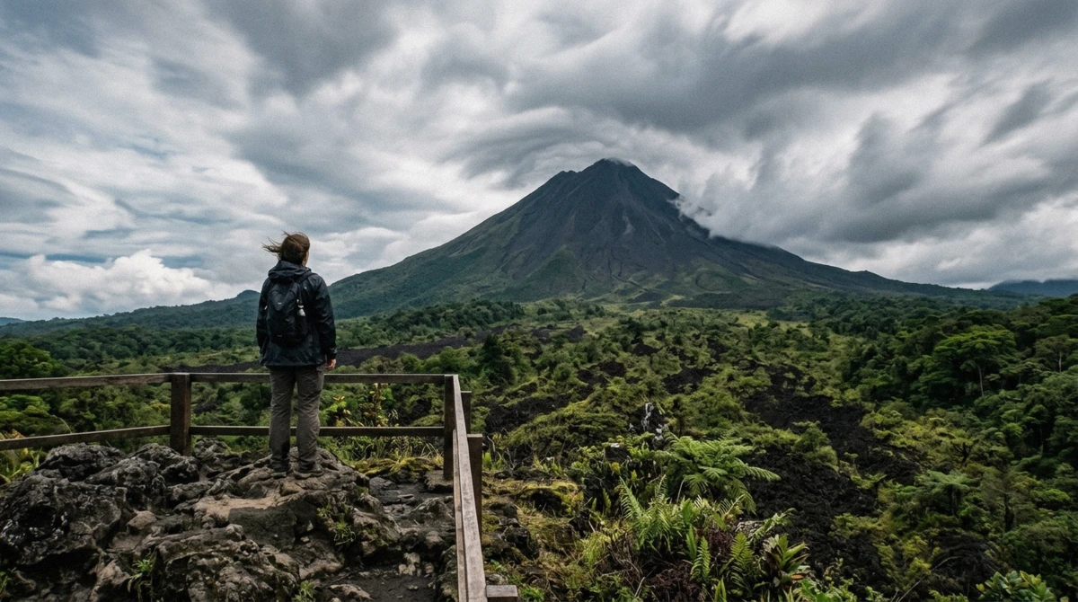 Hiker small on a lava-rock lookout facing the Arenal volcano cone on the La Fortuna waterfall volcano hot springs tour