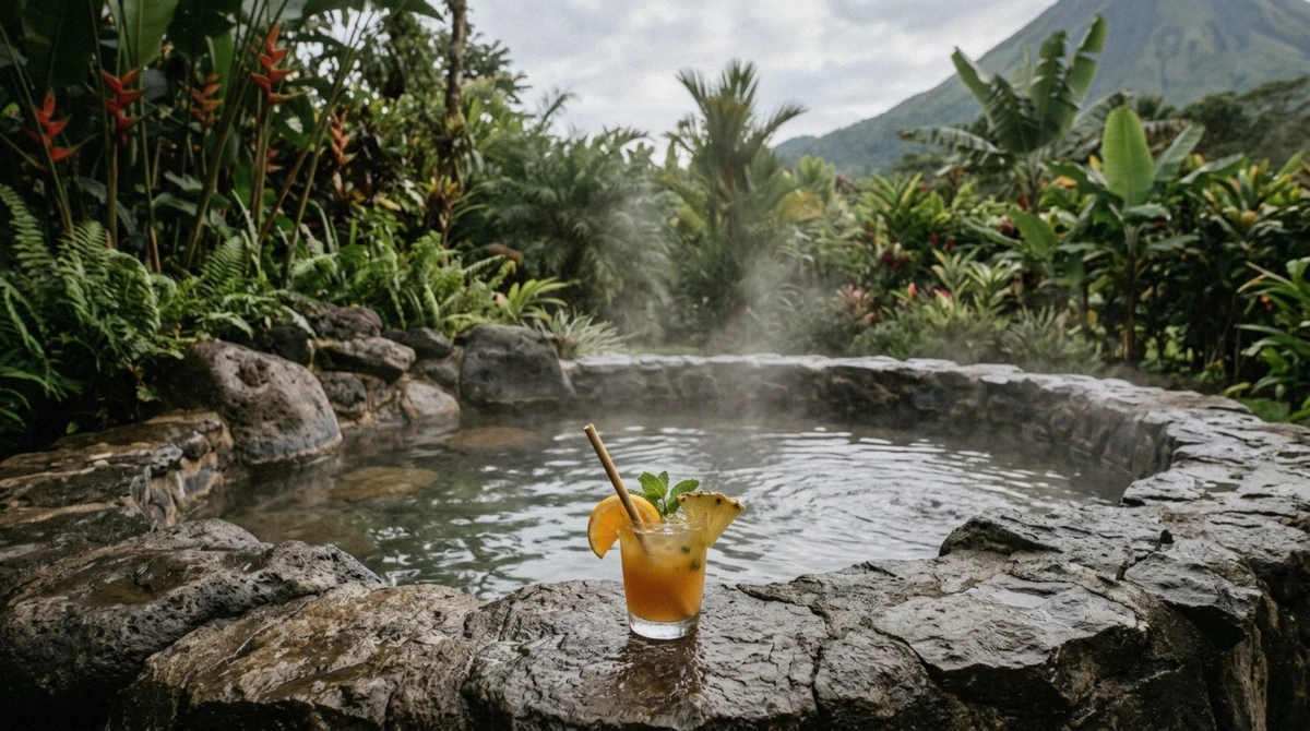 Small resort thermal pool with steam and a fruit cocktail on the rim at Relax Termalitas in La Fortuna